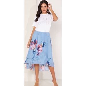 TED BAKER Harrpa Raspberry Ripple Floral Pleated Midi Skirt in  Light Blue NWT S
